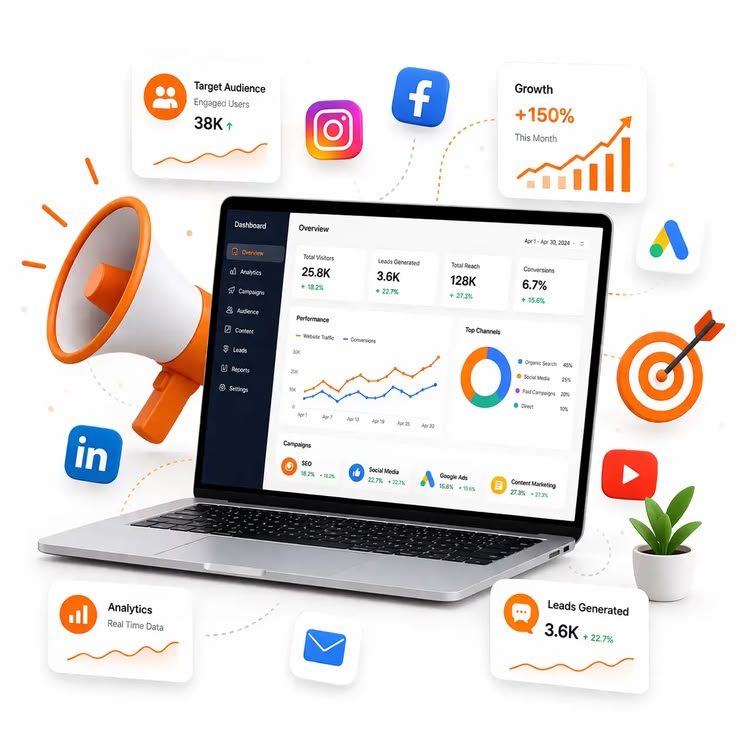 Digital marketing concept with communication channels